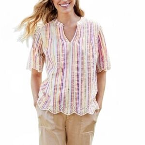 Soft Surroundings Ciel Metallic Stripe Scalloped Eyelet Embroidered Top Size M